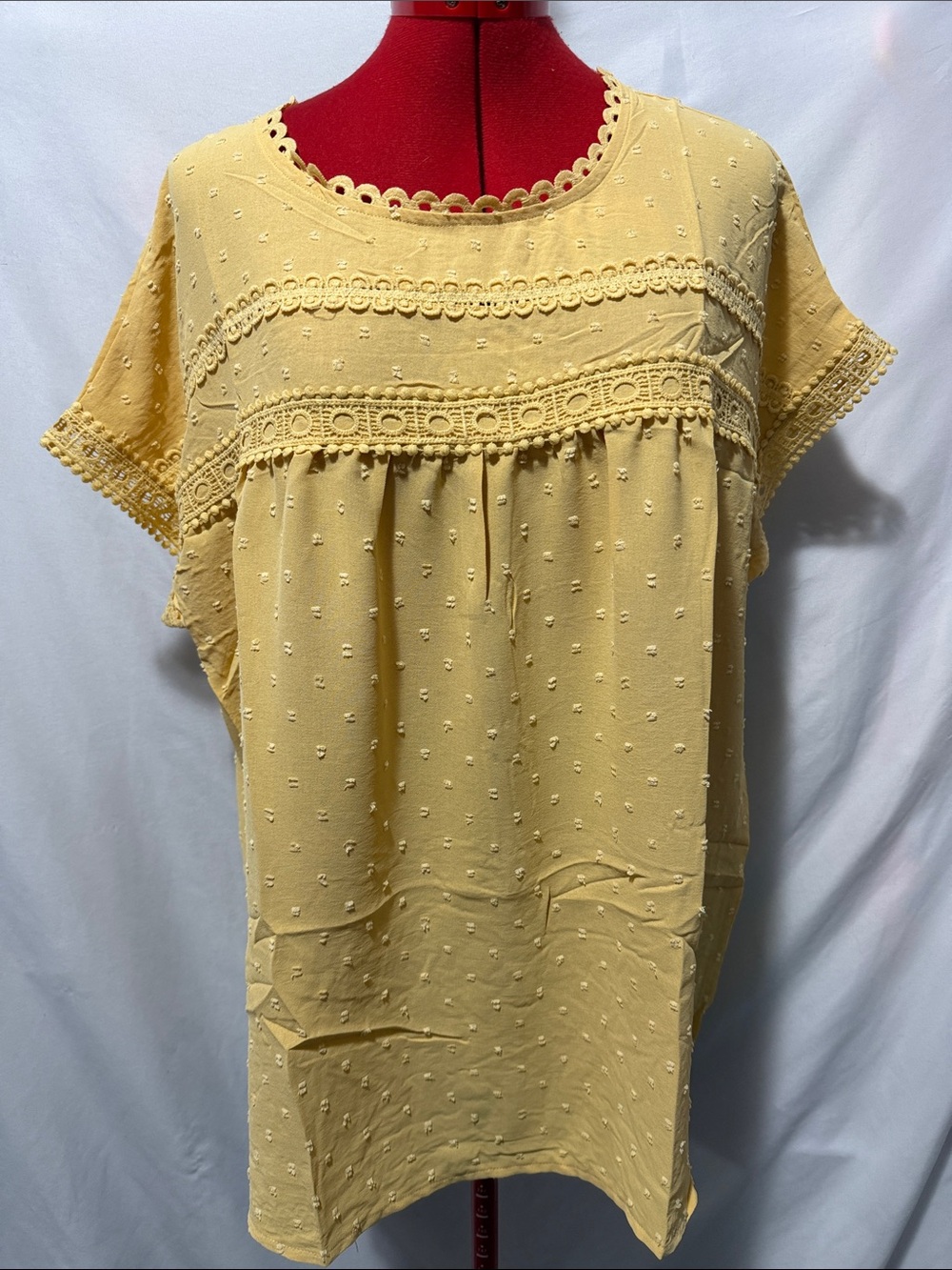Soft Yellow Swiss Dot Lace-Trim Tunic Top